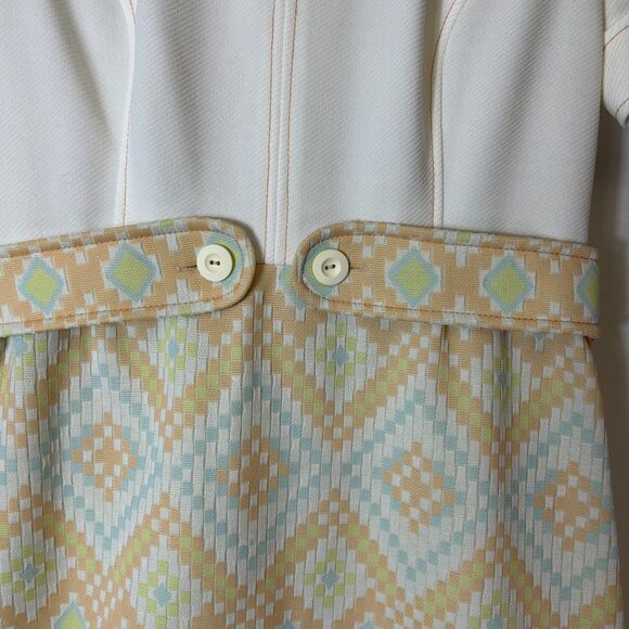 Vintage 60s-70s White Peach Aqua Diamond Print Belted SS Maxi Dress Size XS/S - Picture 5 of 15
